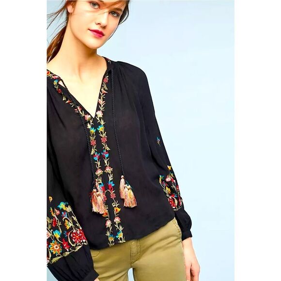 NWT Anthropologie Maeve Black Lanie Peasant Long Sleeve Embellished Blouse - Picture 1 of 6